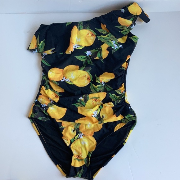NWT Hilor black with lemons one ruffled shoulder one piece swimsuit ruched. - Picture 8 of 15